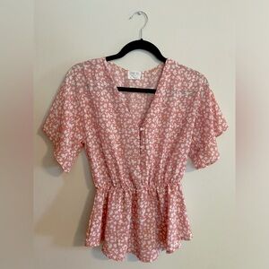 Sienna Sky Pink White Floral Button Peplum Chiffon Blouse Top, Summer Spring